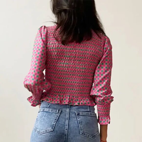 Pink & Green Cropped Length Bubble Checkered Top - Picture 3 of 3